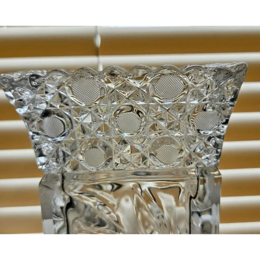 Vintage‎ Vase Crystal Cut Glass Etched Flower & Starburst Rectangular 10 Inches